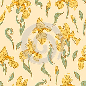 Seamless pattern of modern bright yellow iris flowers. Botanical warm hand drawn style vector illustration for nursery