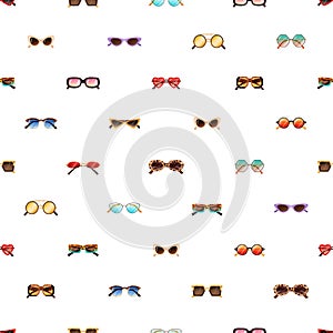 Seamless pattern with modern and retro sunglasses on white background. Repeating backdrop with rows of fashion women sun