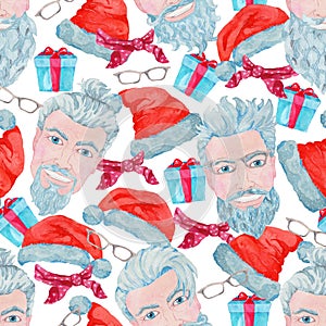 Seamless pattern with modern Santa Claus hipster head, gifts, neckcloth against white background