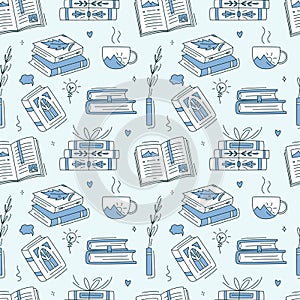 Seamless pattern with monochrome books. Educational Vector illustration. Stack of books, vase, vertical books, cup of tea, fairy
