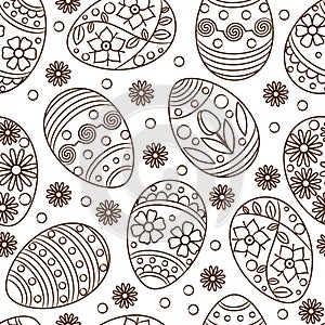 Seamless pattern of monochrome Easter eggs decorated with ornament isolated on white background