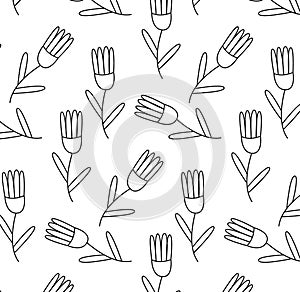 Seamless pattern with monochrome hand drawn flowers on white background. Vector illustration for wrapping.