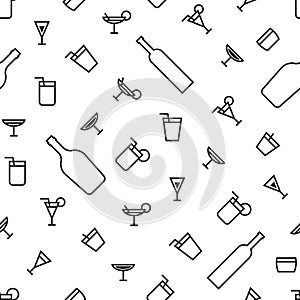 Seamless pattern of monochrome minimalistic cocktail alcoholic drinking glass and bottle in flat style. ready to use for cloth,