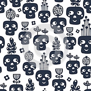 Seamless pattern with monochrome skulls with plants.