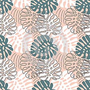 Seamless pattern, monstera leaves, emerald, white and outline on a pink background. Print, textile, wallpaper, bedroom decor