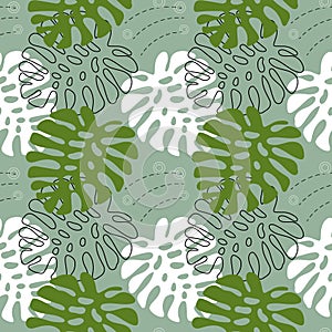 Seamless pattern, monstera leaves, green, white on a light green background. Print, textile, wallpaper, bedroom deco