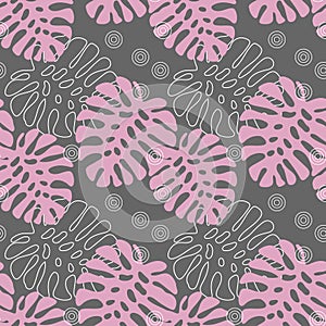 Seamless pattern, monstera leaves, pink, white outline on a gray background. Print, textile, wallpaper, bedroom decor