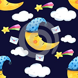 Seamless Pattern Moon and cloud for Packaging , Print Fabric. Watercolor Hand drawn image Perfect for cases design, postcards, Pro