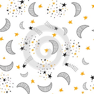 Seamless pattern with moon, comets, planets and stars . Fabric print. Vector illustration photo