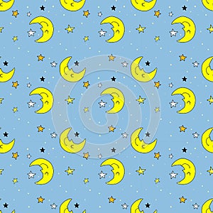 Seamless pattern with moon and stars