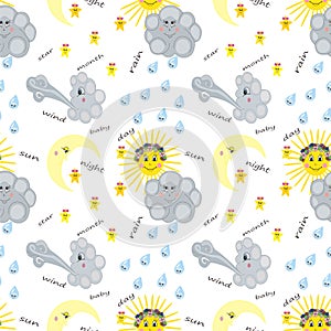 Seamless pattern with moon, sun and clouds and stars