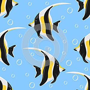 Seamless pattern with Moorish idol or Zanclus cornutus