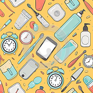 Seamless pattern of morning items on a yellow background