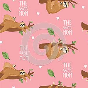 Seamless pattern with Mother sloth and baby hanging on a branch.