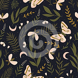 Vector seamless pattern with moths and night butterfly. Beautiful romantic print. Dark botanical design.