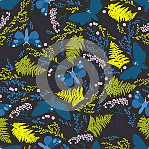 Seamless pattern with moths, plants and ferns at night.