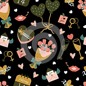 Seamless pattern with motley objects for saint valentineâ€™s day celebration