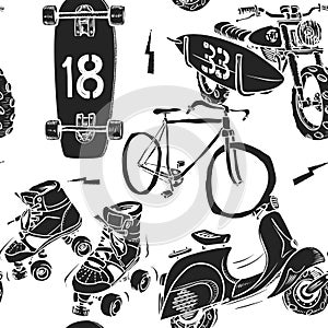 Seamless pattern with motorbike surfboard skate roller moped and bicycle.