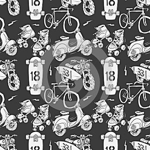 Seamless pattern with motorbike surfboard skate roller moped and bicycle.