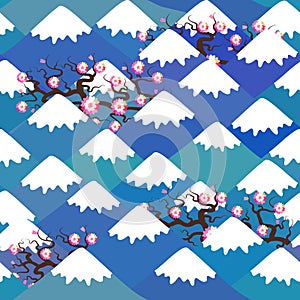 Seamless pattern Mount Fuji, Spring Nature background with Japanese cherry blossoms, sakura pink flowers landscape. blue mountain