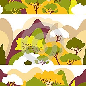 Seamless pattern with mountain hilly landscape with plants and trees.