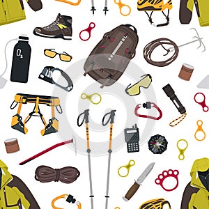 Seamless pattern with mountaineering and touristic equipment, tools for mountain climbing, clothing on white background