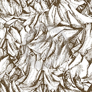 Seamless pattern with mountainous landscape hand drawn with contour lines on white background. Backdrop with cliffs or