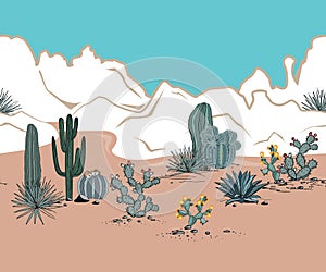 Seamless pattern with mountains, blooming cacti, opuntia, blue agave, and saguaro. Desert landscape. Vector background