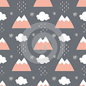 Seamless pattern with mountains clouds and stars