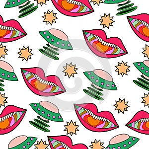 seamless pattern with mouths stars and ufo in hippie style 2