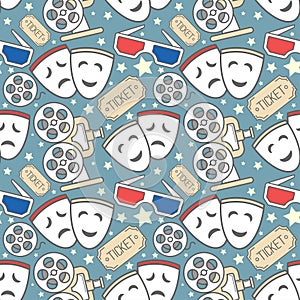 Seamless pattern of movie design elements and cinema icons. Background with film symbols in vintage style. Hand drawn cinema