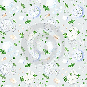 Seamless pattern with mozzarella feta ricotta and camembert cheese and herbs. Watercolor illustration for fabric textile