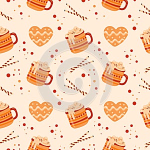 Seamless pattern with mugs of cacao and whipped cream, gingersnaps. Menu design, shop wrapping paper photo