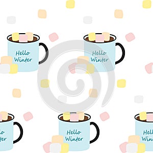 Seamless pattern of mugs with lettering Hello winter, drink and marshmallow in trendy seasonal hues