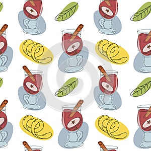 Seamless pattern of Mulled wine with cinnamon stick, apple slice, lemon zest, green leaves and spots