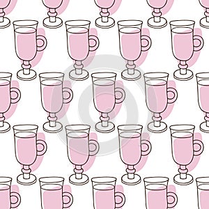 Seamless pattern with Mulledwine. Wine Glass cup with pink liquid, wine, mulledwine. Hand drawn sketch vector
