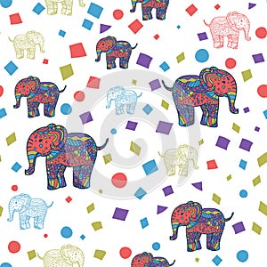 Seamless Pattern of multicolored elephants elephants. Background Children`s pattern. Background of cute elephants. doodle style.