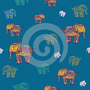 Seamless Pattern of multicolored elephants elephants. Background Children`s pattern. Background of cute elephants. doodle style.
