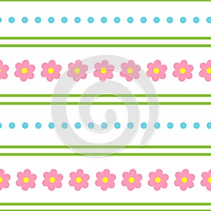 Seamless pattern multicolored flowers stripes dots vector illustration