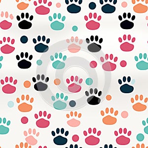 seamless pattern with multicolored footsteps paw prints of animal dog on white background
