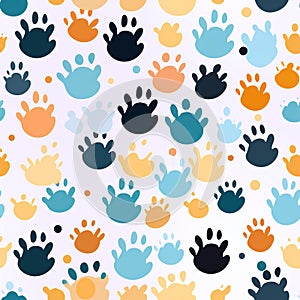 seamless pattern with multicolored footsteps paw prints of animal dog on white background