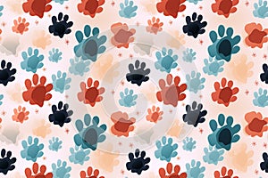 seamless pattern with multicolored footsteps paw prints of wild animal on white background