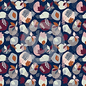 Seamless pattern with multicolored grape leaves - red, orange, blue, gray on a blue background. Vector illustration with abstract