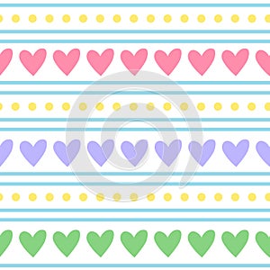 Seamless pattern multicolored hearts stripes dots vector illustration
