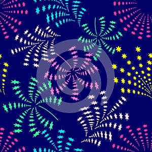 Seamless pattern of multicolored holiday fireworks on a night background.ÑŽ