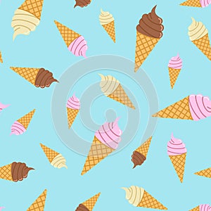 Seamless pattern of multicolored ice cream in a waffle cone