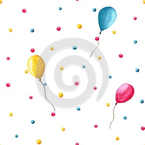 Seamless pattern with multicolored polka dot confetti and balloons on a white background for wrapping paper, textile or wallpaper