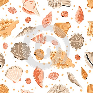 Seamless pattern with multicolored seashells. Vector flat illustration