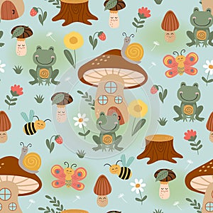 Seamless pattern with mushroom house, insect, frog