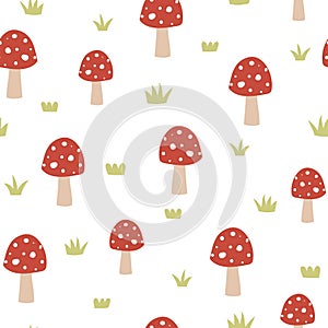 Seamless pattern with mushrooms. Autumn pattern on white background. Vector illustration.